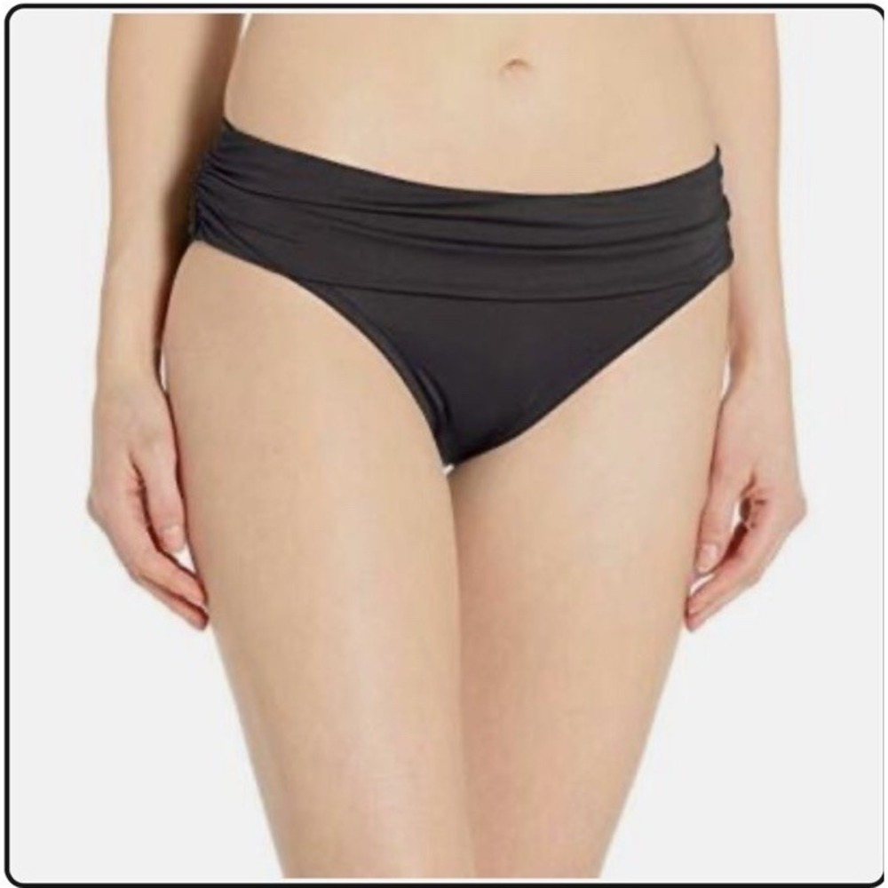 Kenneth Cole Women's Shirred Hipster Swim Bikini Bottom, Solid Black L NWT